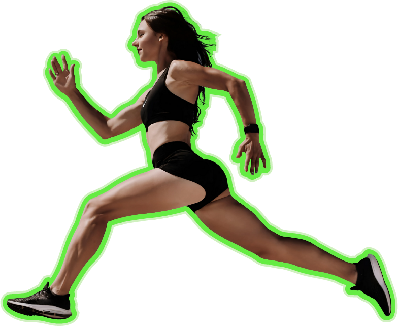 Mulher correndo em passo largo, destaque fitness