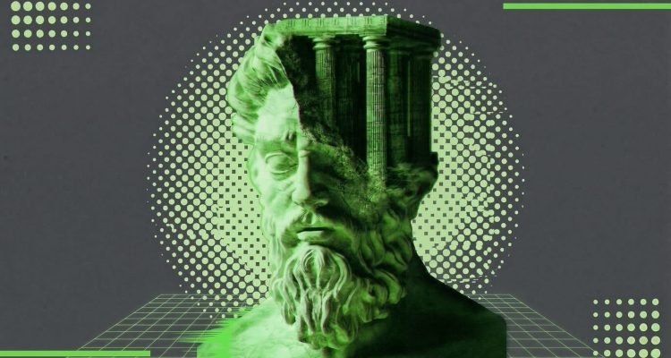 Busto de estátua clássica em tons de verde vibrante com um templo grego fundido ao topo da cabeça, em um fundo cinza com elementos gráficos de estilo Vaporwave e reticulados.